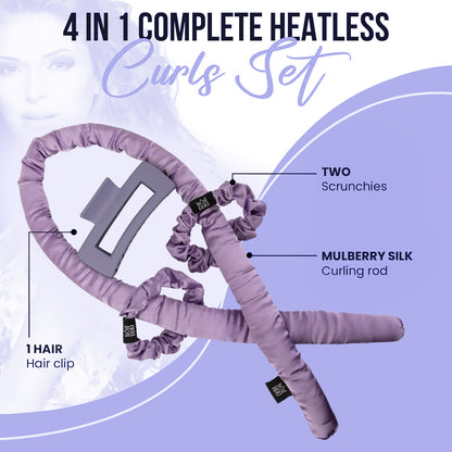 KAV Satin Heatless Curling Rod with Clip and Scrunchie Set, PLUSH PURPLE Satin Heatless Hair Curler, All Hair Types Overnight Curls