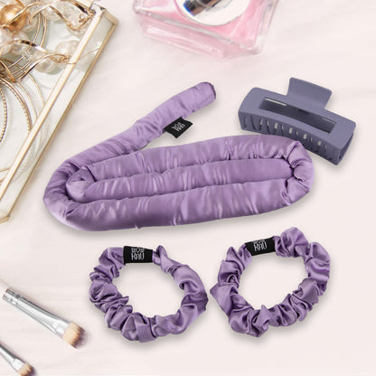 KAV Satin Heatless Curling Rod with Clip and Scrunchie Set, PLUSH PURPLE Satin Heatless Hair Curler, All Hair Types Overnight Curls