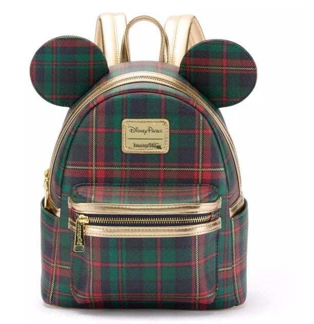 2025 DISNEY PARKS LOUNGEFLY MICKEY MOUSE CHRISTMAS HOLIDAY PLAID & GOLD BACKPACK