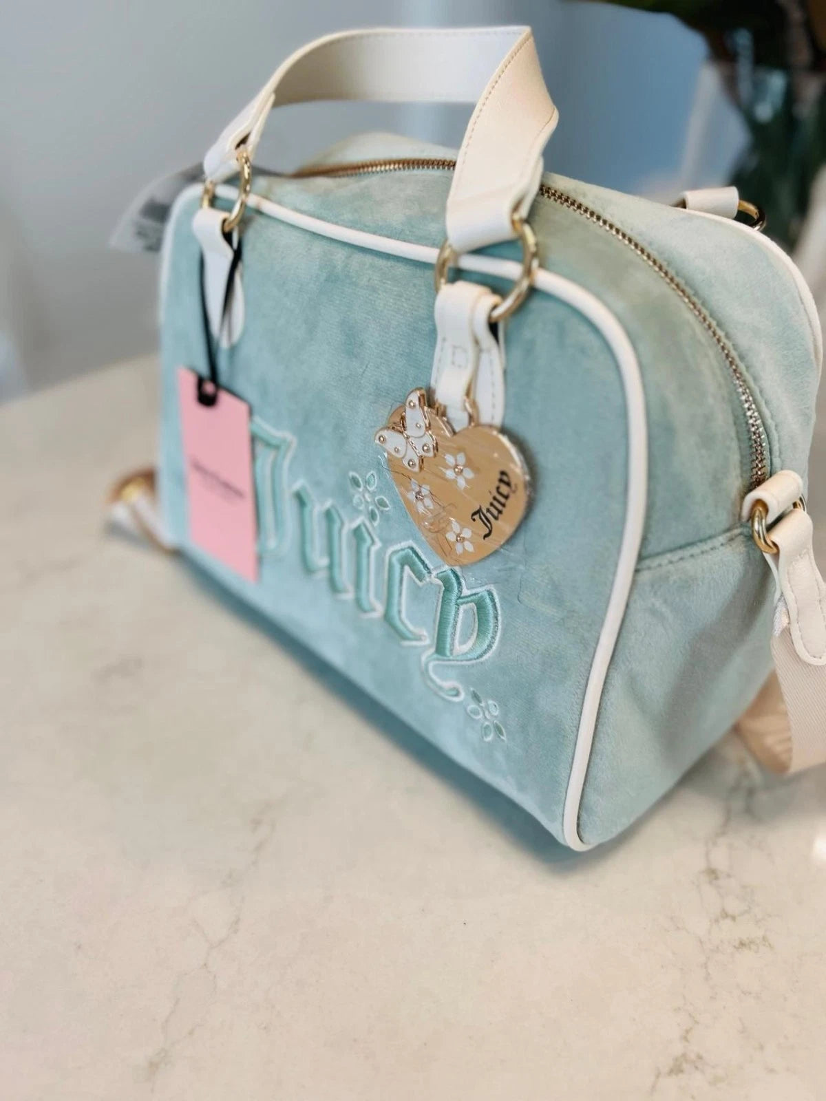 Juicy Couture Juicy In The Sky Velour Bowler Bag Frosty Green Butterfly Heart